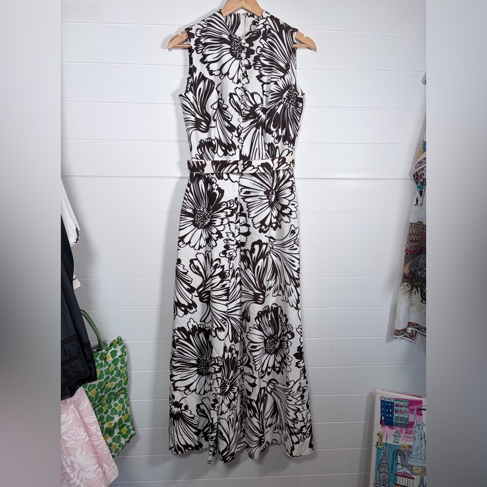 VTG Gregg Draddy Brown White Floral Tropical Front Pleat Maxi Dress Belt Size 12
